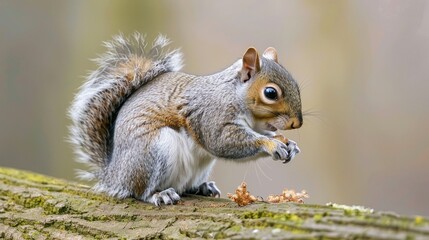 Obraz premium Adult squirrel on tree trunk, feeding Surrey, England, Great Britain