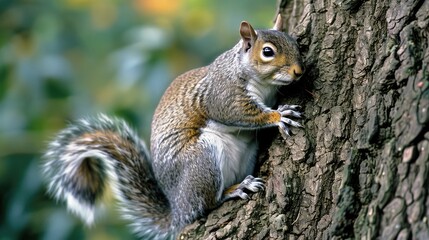 Obraz premium Adult squirrel on tree trunk, feeding Surrey, England, Great Britain