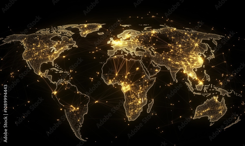Poster illuminated world map with network connections, showcasing global connectivity and data flow across 