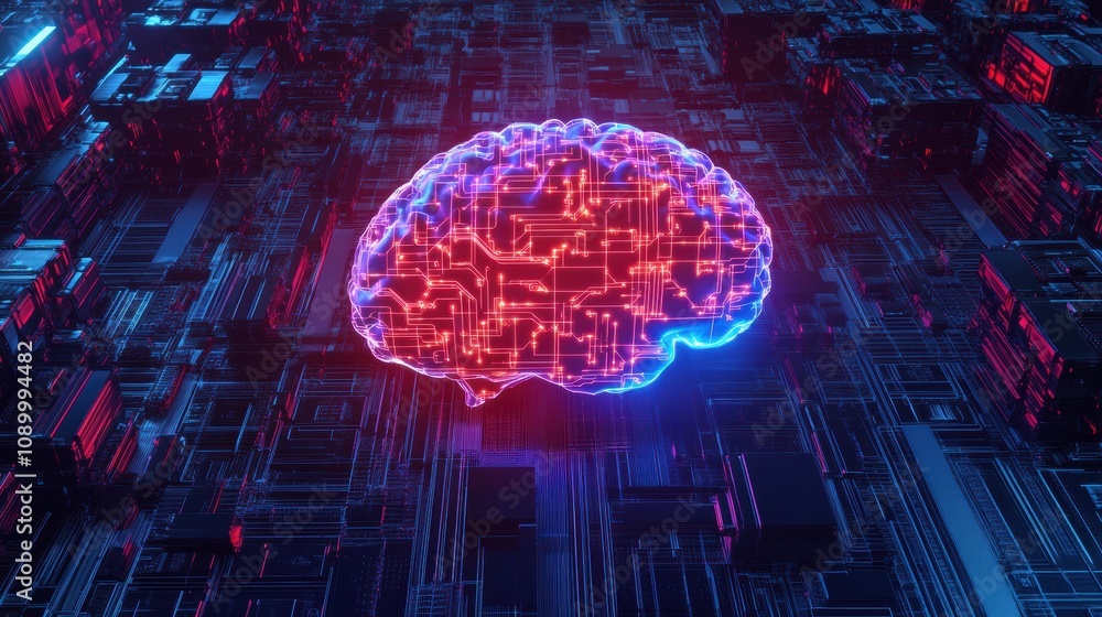 Poster this artwork features a glowing digital brain set against a backdrop of intricate circuits, symboliz
