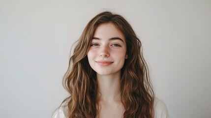 Fototapeta premium Portrait of a Young Woman with Long Wavy Hair, Natural Makeup, and Bright Smile Against a Simple Background Emphasizing Her Youthful Spirit