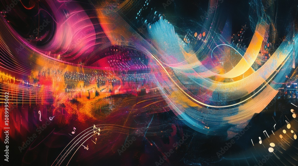 Poster colorful abstract visualization showcases sound waves intertwining with musical notes and instrument