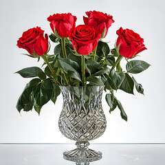 Bouquet of red roses in a clear glass vase with diamond patterns, isolated on white and grey background