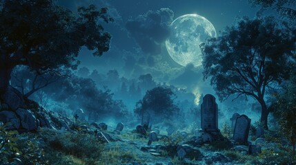 Obraz premium A serene graveyard under a full moon, surrounded by trees.