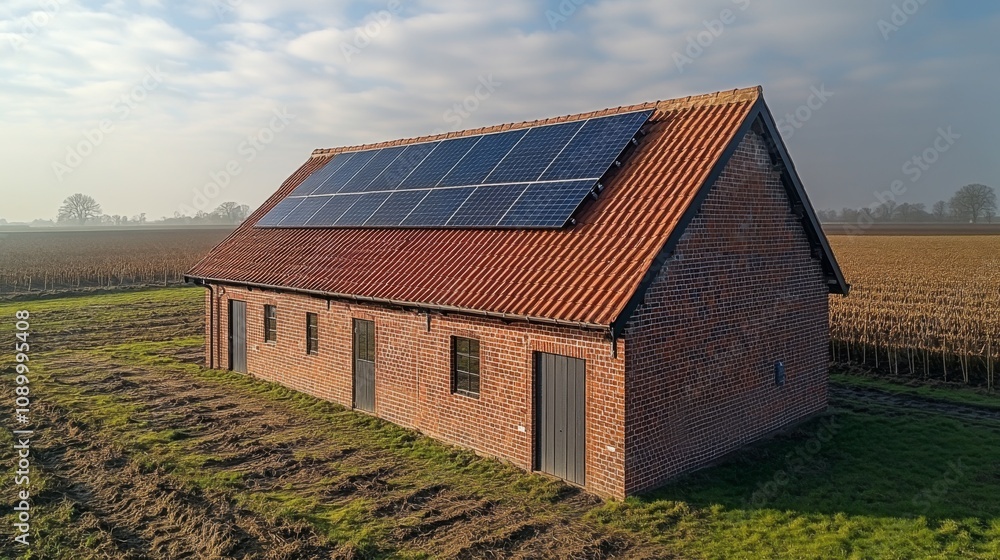 Poster a farmhouse featuring solar panels on its roof is set against a backdrop of fields. the location is 