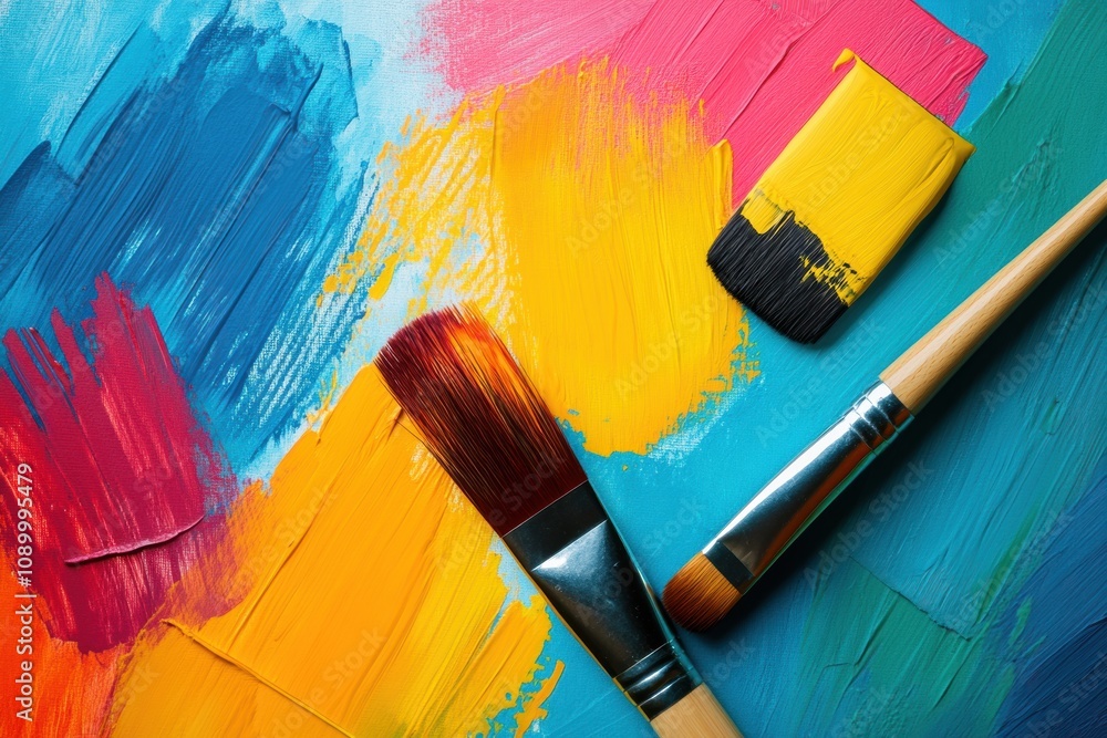 Poster colorful abstract paint strokes blend with brushes, showcasing an energetic expression of artistic c