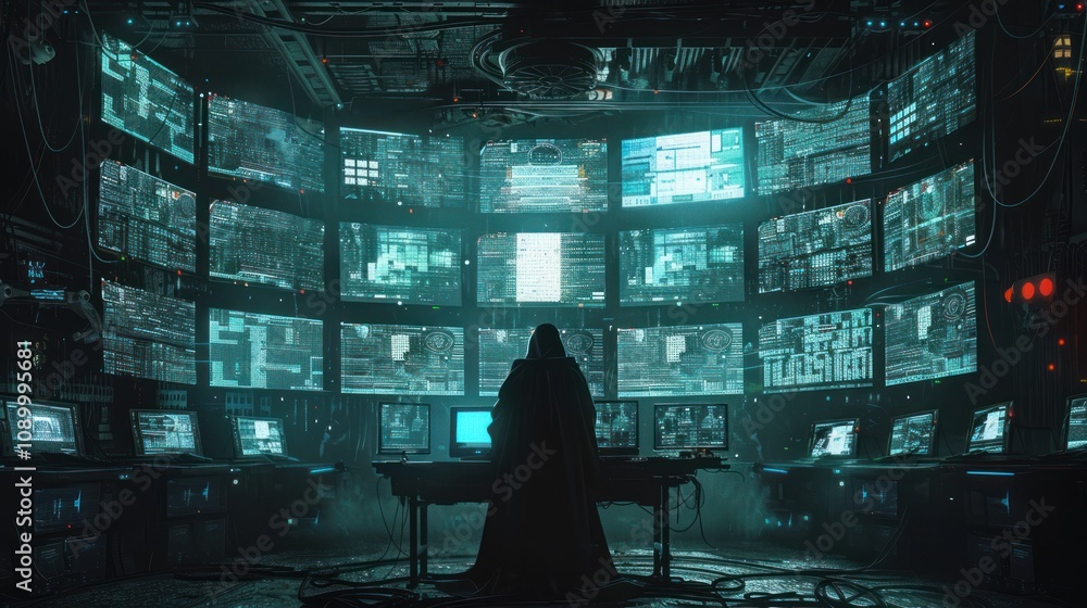Aufkleber a figure in a dark room surrounded by multiple computer screens.