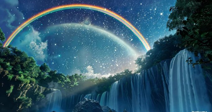 Ethereal moonbow arching over a cascading waterfall, blending moonlight with mist in a serene natural setting, 4K Video