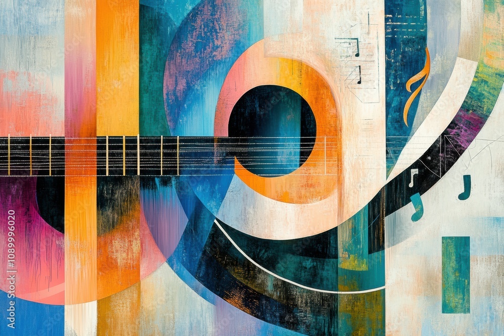 Fototapete dynamic composition showcases an interplay of sound waves, musical notes, and various instruments, c
