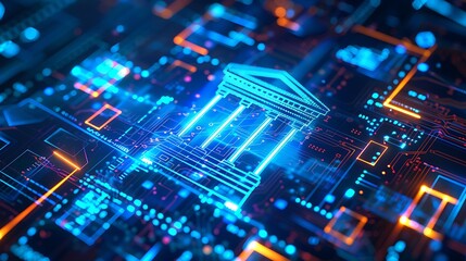 Fototapeta premium A digital representation of a classical building integrated with circuit patterns, symbolizing the fusion of technology and architecture.