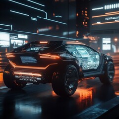 Obraz premium Futuristic vehicle in a neon-lit urban setting, showcasing advanced technology and design.