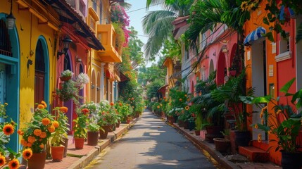Fototapeta premium Colorful street lined with flowers and vibrant buildings.