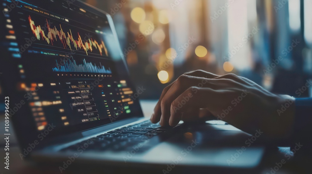Poster a man's hands are shown typing on a laptop, with a stock market graph displayed on the screen. the b