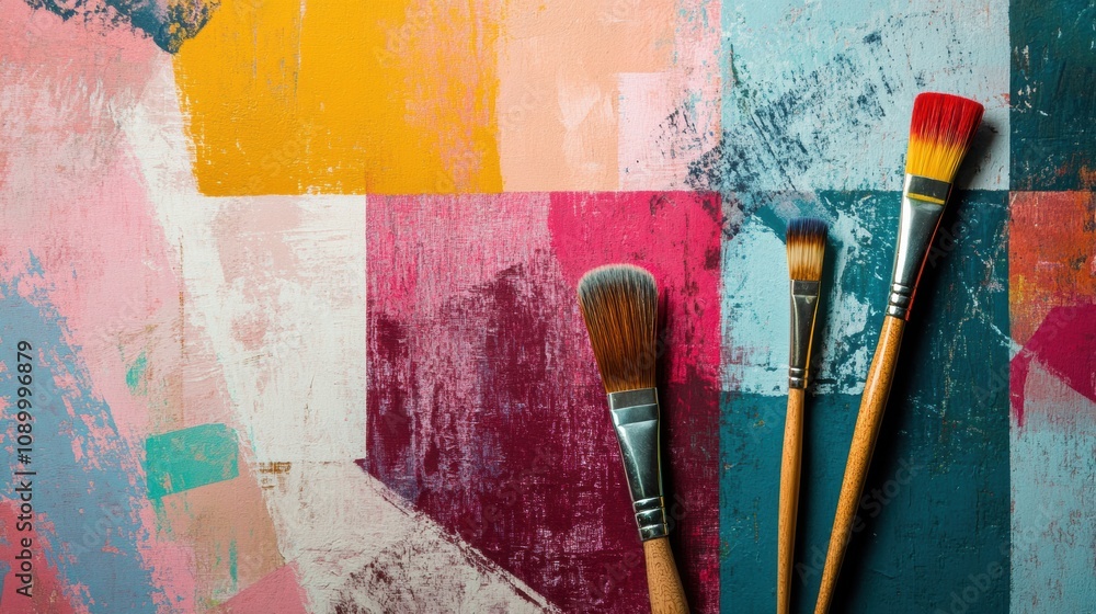 Aufkleber Layers of abstract paint strokes in bold colors blend harmoniously while three paintbrushes lie atop a geometric design, waiting for creativity. Generative AI