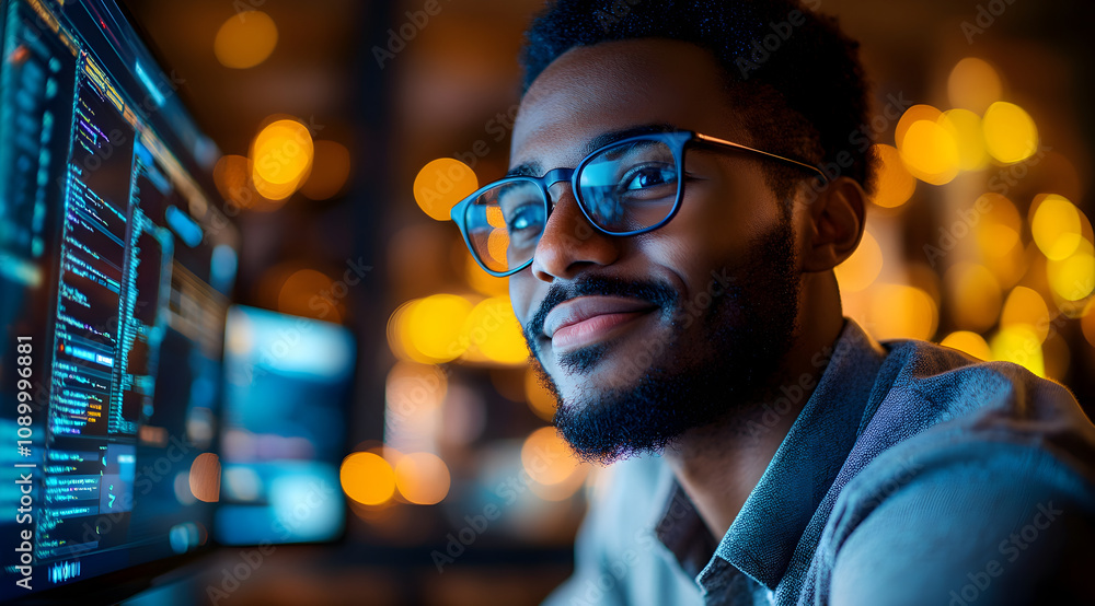 Poster a focused young man in glasses smiles while working on a computer, surrounded by warm bokeh lights, 