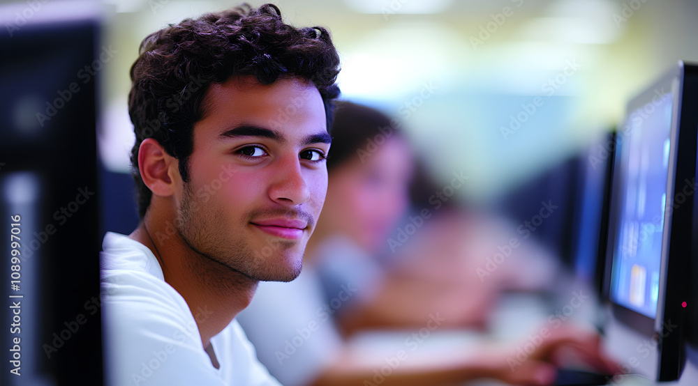 Poster a young man smiles while seated at a computer, engaged in a learning environment with other students