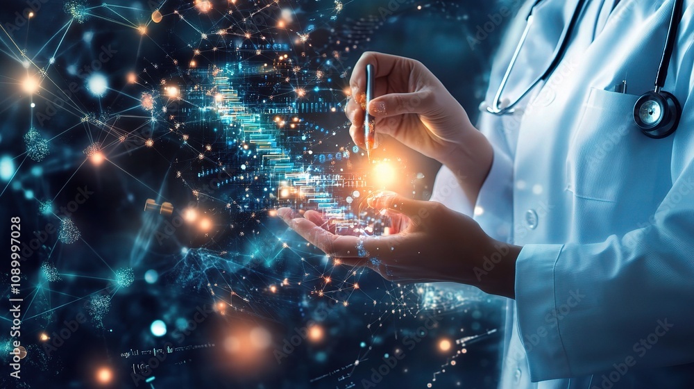 Aufkleber hands of a healthcare professional illustrating digital technology and data visualization in a futur