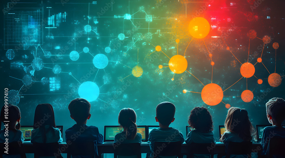 Poster a group of children sit in front of a colorful digital display, engaging with technology and learnin