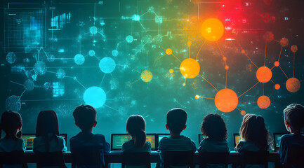 A group of children sit in front of a colorful digital display, engaging with technology and learning in a modern educational environment.