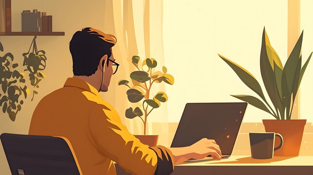 Peaceful office scene with a laptop and coffee mug, minimalist design ideal for study sessions, lo-fi vibe