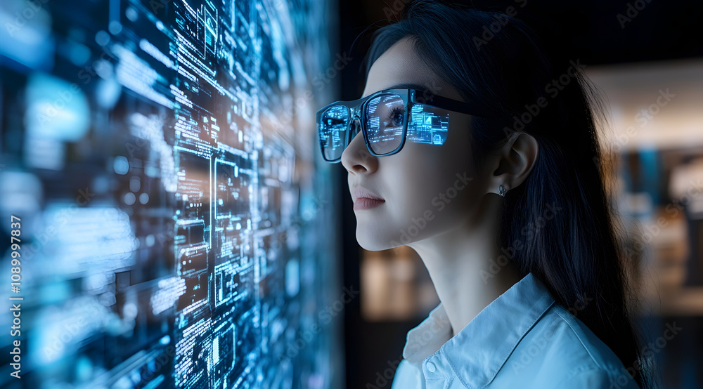 Poster a woman in glasses gazes at a digital display filled with data and code, symbolizing technology and 