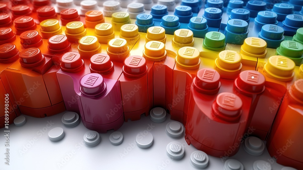 Poster colorful arrangement of building blocks in a rainbow pattern.