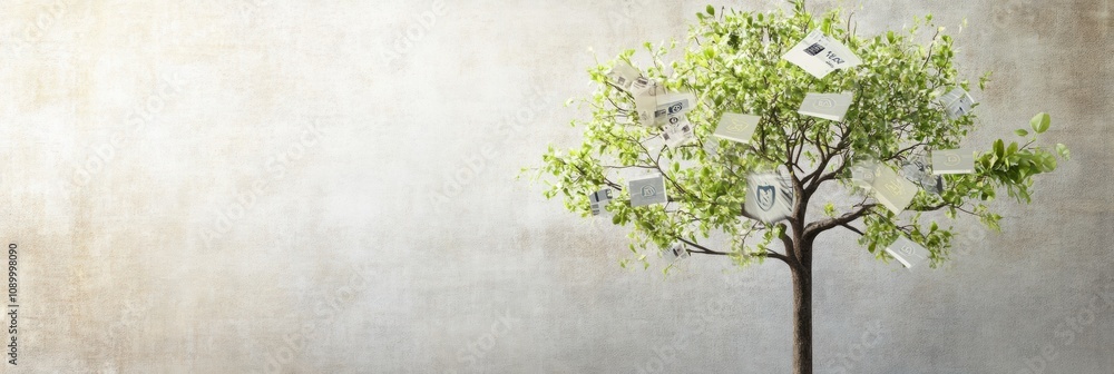 Fototapete a tree features abstract branches adorned with discount symbols and price tags, illustrating a creat