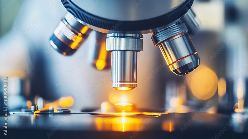 Poster close-up view of a sophisticated microscope with high-resolution optics and bright illumination for 