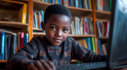 A young boy sits at a laptop in a library, focused and engaged, with bookshelves filled with colorful books in the background.