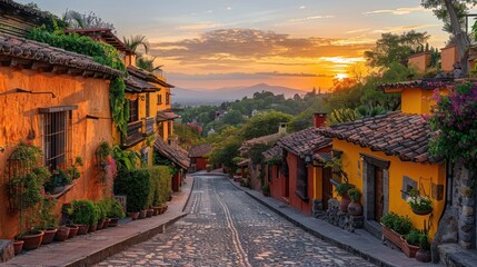 Scenic sunset view of a colorful cobblestone street.