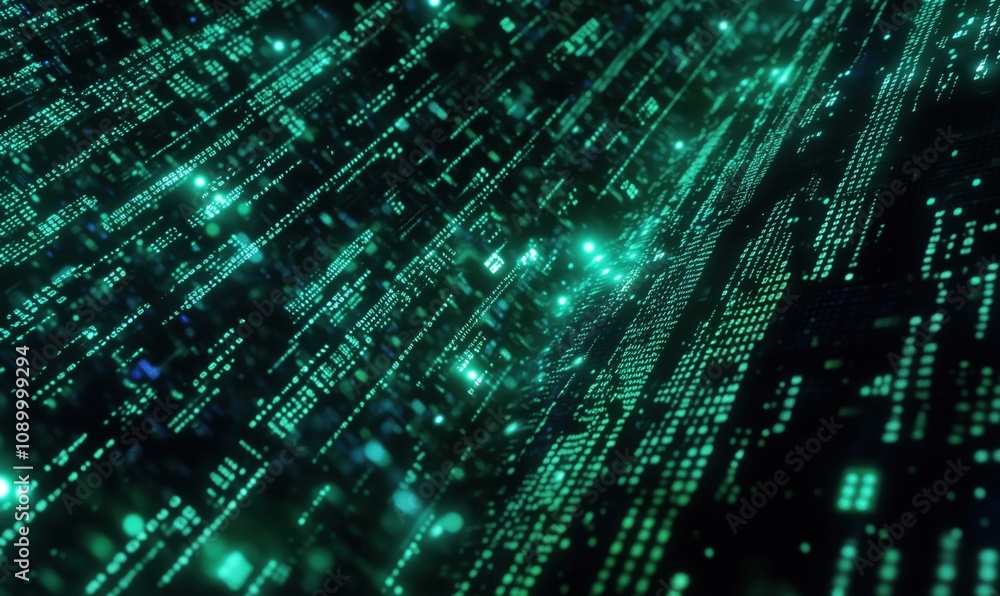 Poster digital data stream, glowing green binary code, abstract technology background, futuristic design, m