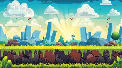 Cartoon Landscape with Blue Rocks and Green Grass