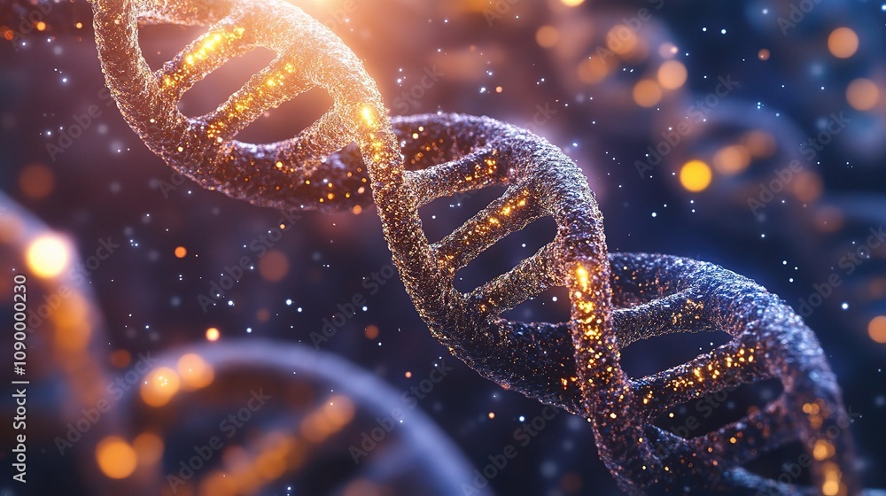 Poster stunning abstract representation of dna double helix structure with glowing particles against a dark