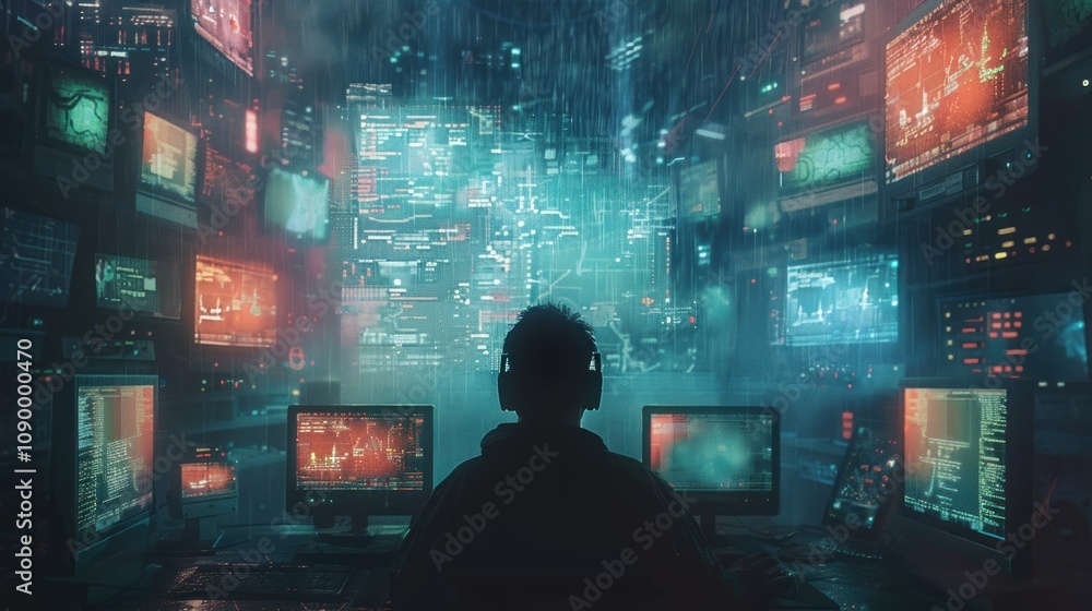 Poster a person immersed in a high-tech data environment with screens.