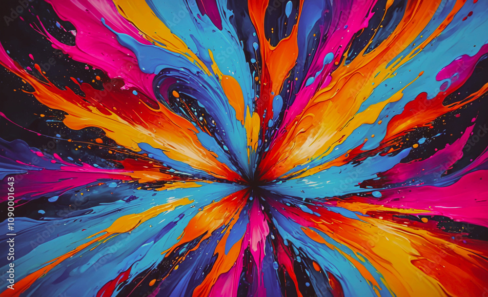 Poster a colorful explosion of paint with a dark background. the colors are bright and vibrant, creating a 