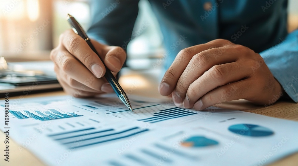 Poster hands of a business professional analyzing financial data on paper with charts and graphs in a brigh