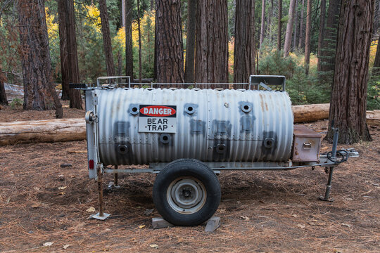 Bear trap travel trailer waiting to catch and relocate problem bears  in Yosemite Valley California.