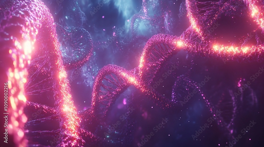 Poster vibrant abstract representation of dna helix with glowing elements in a colorful cosmic background, 