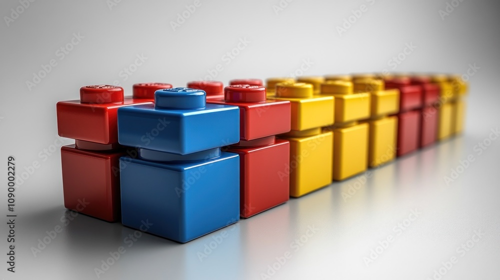 Poster colorful building blocks arranged in a row for creative play.