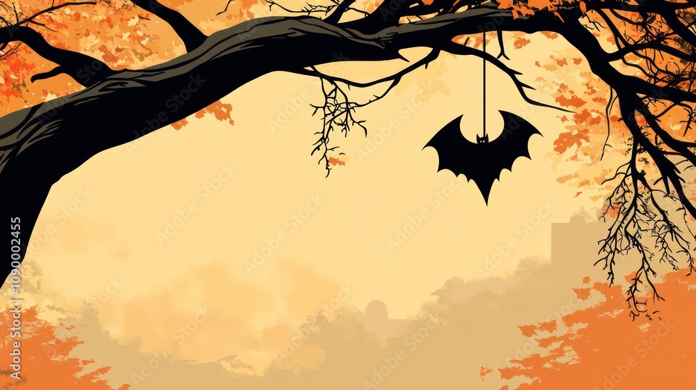 Poster a silhouette of a bat hanging from a tree branch against a warm autumnal background with a distant c