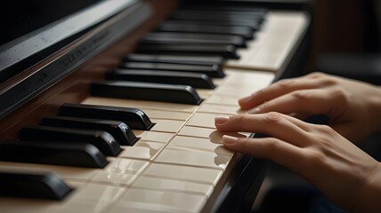 Fototapeta premium A musician with hands playing a piano keyboard. 