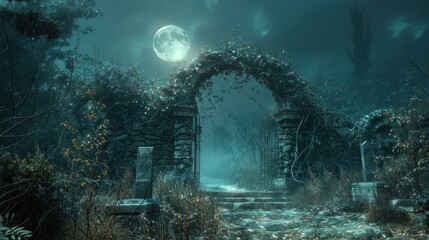 Obraz premium A hauntingly beautiful moonlit archway in a forgotten landscape.