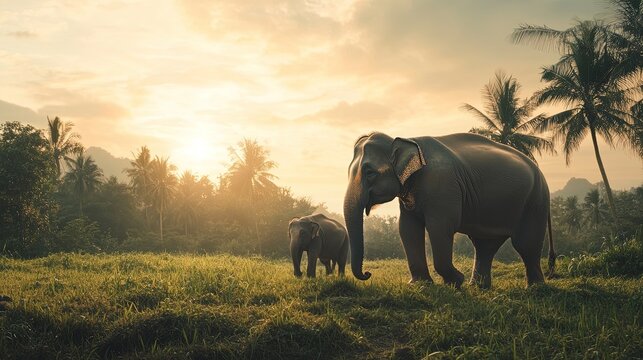 Dua mitra gajah liar Sri Lanka bermain di lapangan rumput di bawah matahari terbenam langit oranye 