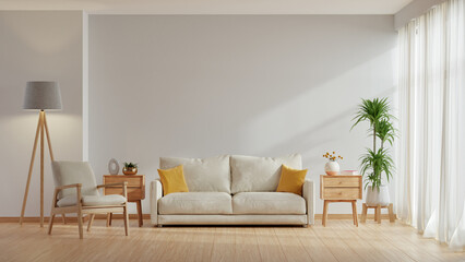 Living room with a white couch and armchair, a lamp, and a potted plant- 3D rendering © Vanitjan