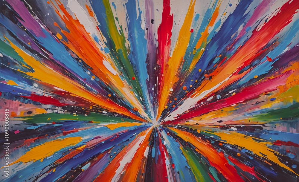 Poster A colorful painting with a rainbow and a starburst. The painting is full of bright colors and has a sense of movement and energy. The colors seem to be swirling and overlapping, creating a dynamic