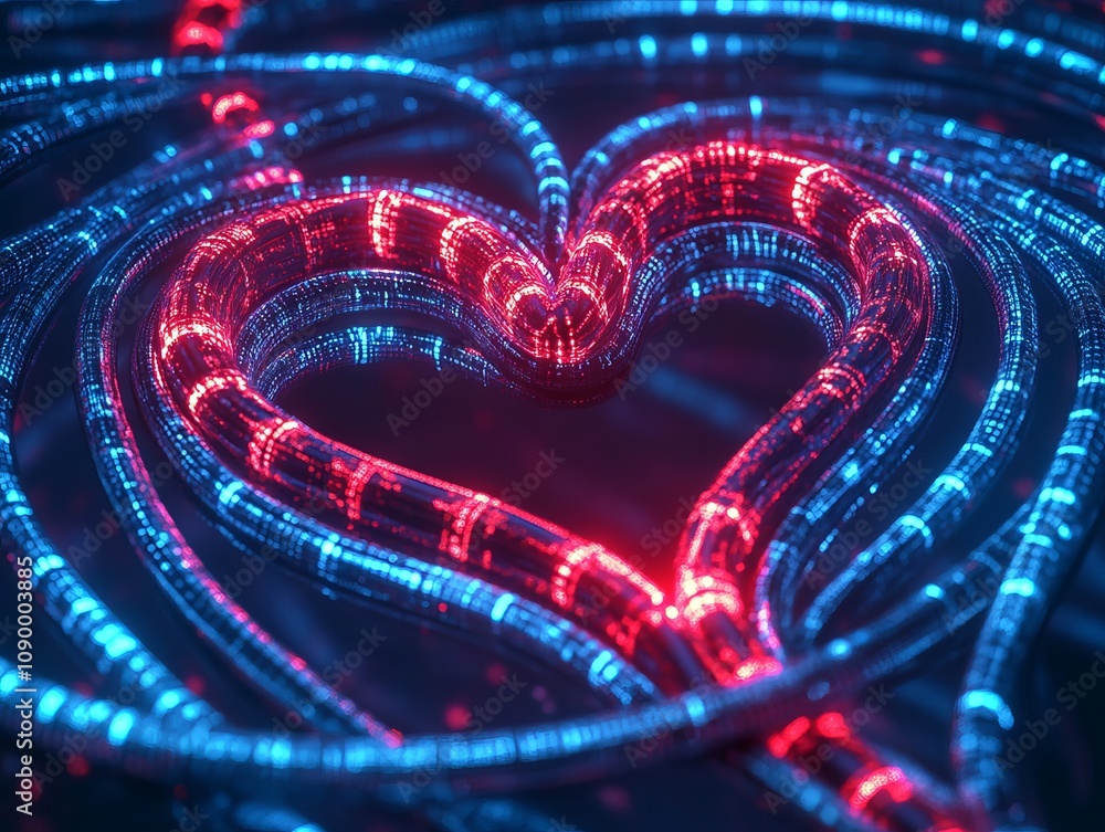 Poster dynamic data cables forming a heart shape abstract art digital environment vibrant colors conceptual