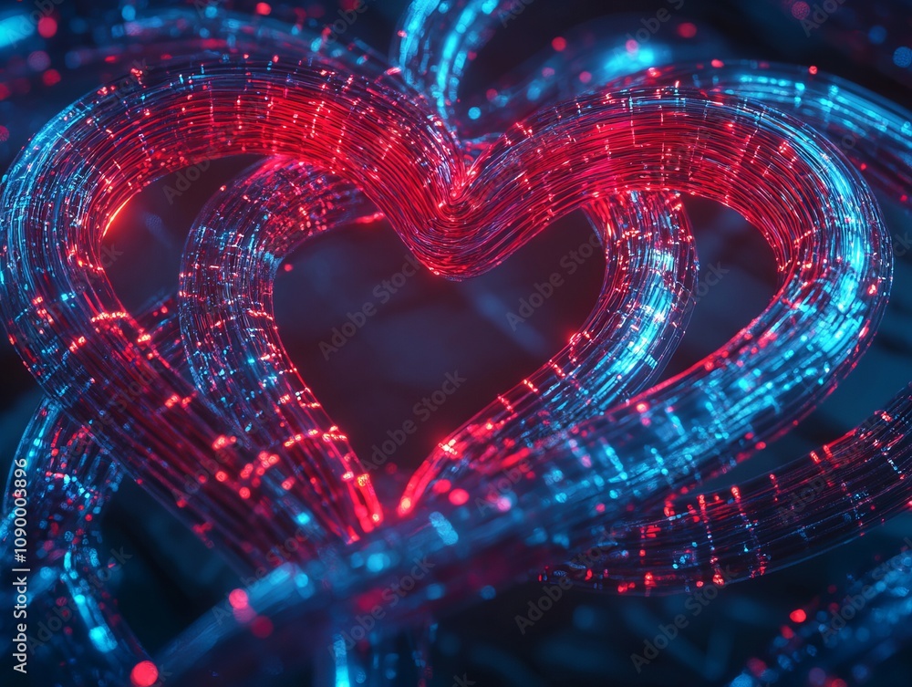 Poster intertwining siamrat data cables create a heart-shaped display digital art installation abstract env