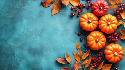 Fototapeta premium Autumn pumpkins, leaves, berries on teal background.