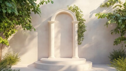 A white archway with two pillars and a circular platform in front of a beige wall, surrounded by greenery.