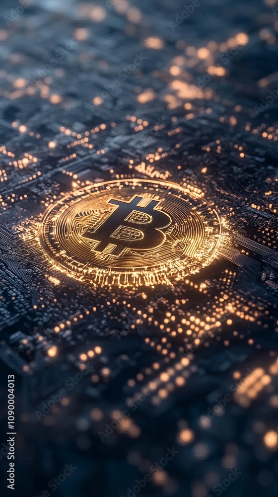 Poster siamrat bitcoin glowing core above dark digital earth technology scene low-resolution rendering futu